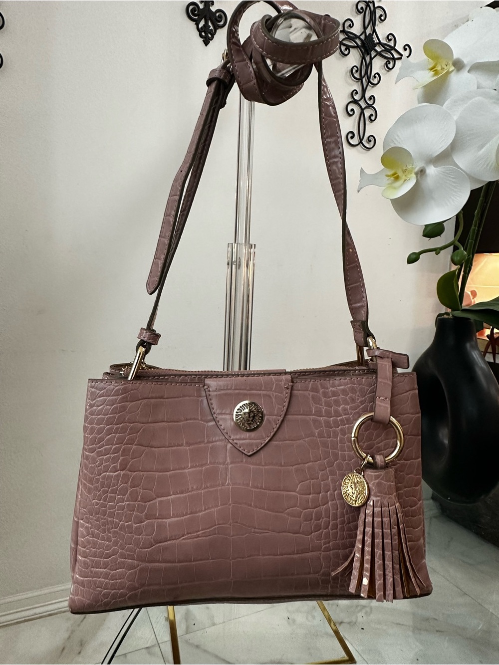 Anne Klein Croc-Embossed Shoulder Bag in Mauve Brown